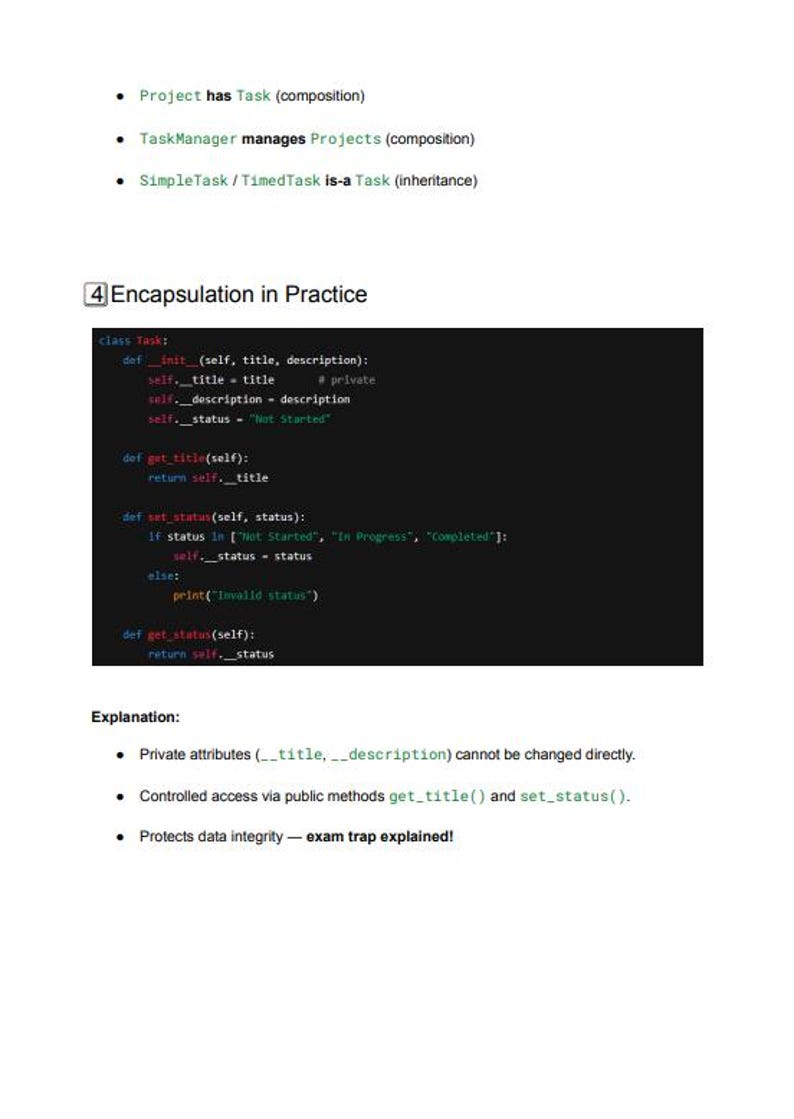 May include: A white page with black text explaining object-oriented programming. It features code examples, explanations, and bullet points on encapsulation, inheritance, and task management.