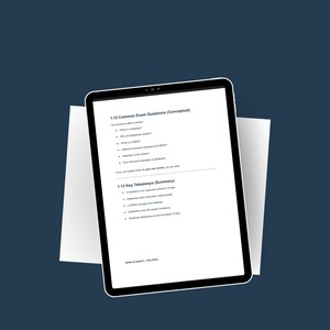 May include: A black tablet displaying text about database concepts, including exam questions and key takeaways, rests on a white paper against a dark blue background. The tablet's screen shows bullet points and headings.
