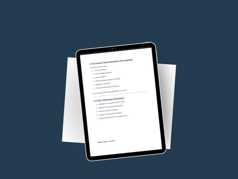 May include: A black tablet displaying text about database concepts, including exam questions and key takeaways, rests on a white paper against a dark blue background. The tablet's screen shows bullet points and headings.