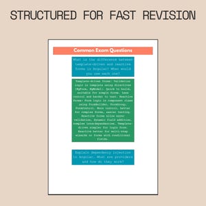 Peut inclure: Un document intitul&eacute; "STRUCTURED FOR FAST REVISION" pr&eacute;sente des questions d'examen sur les formulaires Angular et l'injection de d&eacute;pendances. Il comprend une section "Common Exam Questions" avec du texte noir sur fond blanc, expliquant les diff&eacute;rences entre les formulaires.