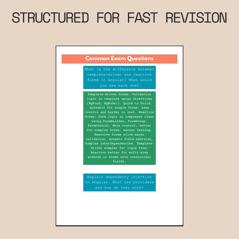Peut inclure: Un document intitul&eacute; "STRUCTURED FOR FAST REVISION" pr&eacute;sente des questions d'examen sur les formulaires Angular et l'injection de d&eacute;pendances. Il comprend une section "Common Exam Questions" avec du texte noir sur fond blanc, expliquant les diff&eacute;rences entre les formulaires.