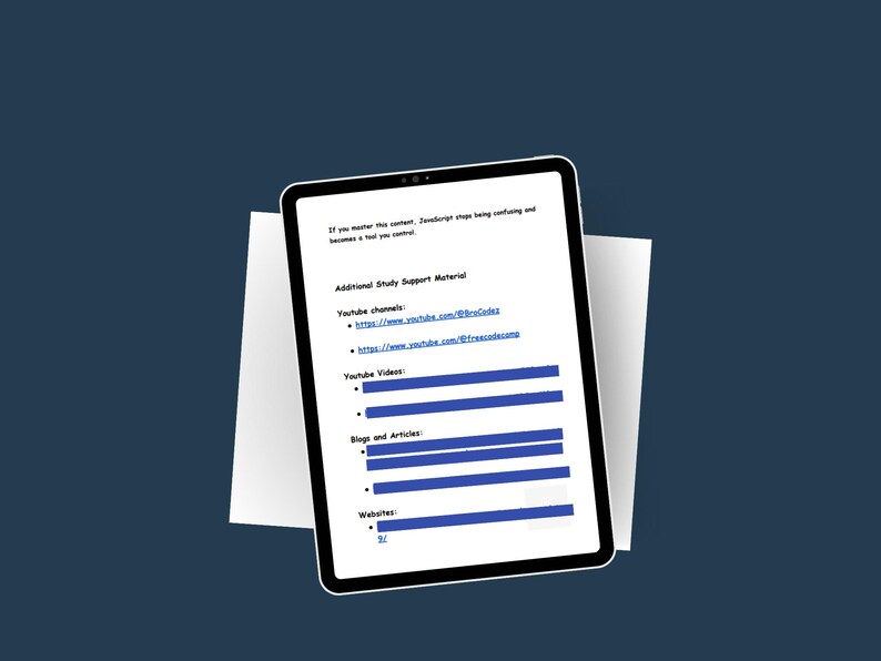 May include: A black tablet shows a document titled "Additional Study Support Material." The document lists YouTube channels, videos, blogs, articles, and websites. The tablet is on a white sheet of paper against a dark blue background.