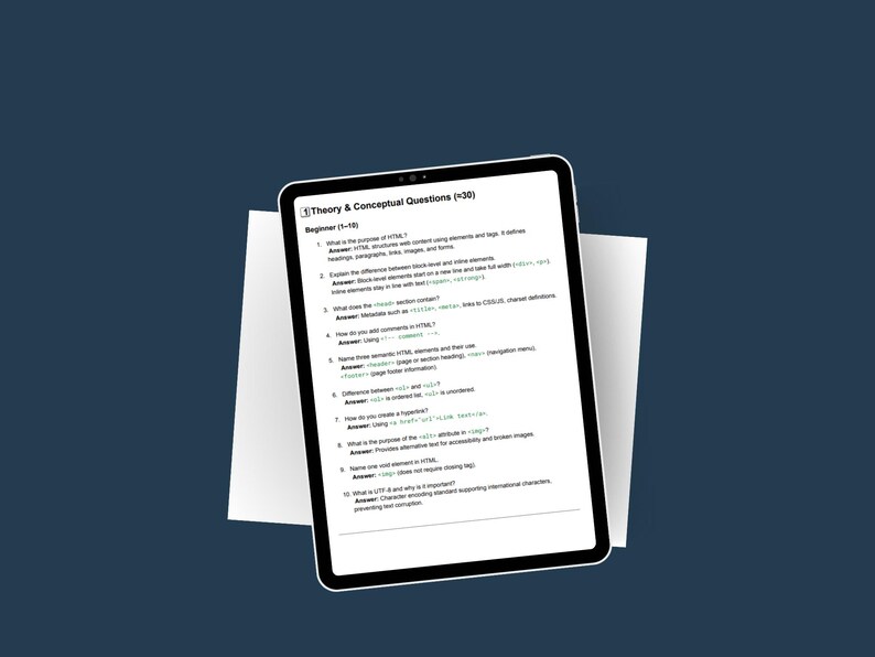 May include: A black tablet showing a document titled "Theory & Conceptual Questions" with a list of questions. The tablet rests on a white sheet of paper, against a dark blue background. The questions are about HTML.