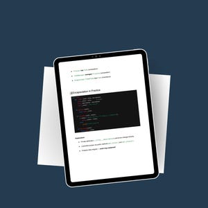 May include: A black tablet showing a document with text and code snippets, placed on white paper against a dark blue backdrop. The tablet screen displays the title "Encapsulation in Practice" and code examples.