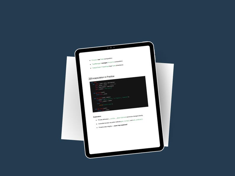 May include: A black tablet showing a document with text and code snippets, placed on white paper against a dark blue backdrop. The tablet screen displays the title "Encapsulation in Practice" and code examples.