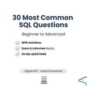 Puede incluir: Gráfico blanco con el texto "30 Most Common SQL Questions" y "Beginner to Advanced". La imagen también incluye las frases "With Solutions", "Exam & Interview Ready" y "30 SQL QUESTIONS".