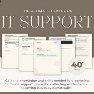 May include: The Ultimate Playbook IT Support document set features 40+ pages of technical guides. The pages include sections titled Reference notes, How to use this playbook, IT Support Troubleshooting Playbook, and DHCP and DNS investigation.