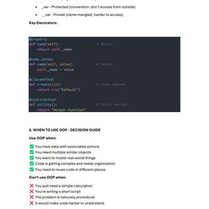 Może przedstawiać: Biały dokument z czarnym tekstem szczeg&oacute;łowo opisujący poziomy dostępu, kluczowe dekoratory i przewodnik po decyzjach dotyczących używania OOP. Fragmenty kodu są wyświetlane z komentarzami. Dokument zawiera punktor i znaki wyboru.