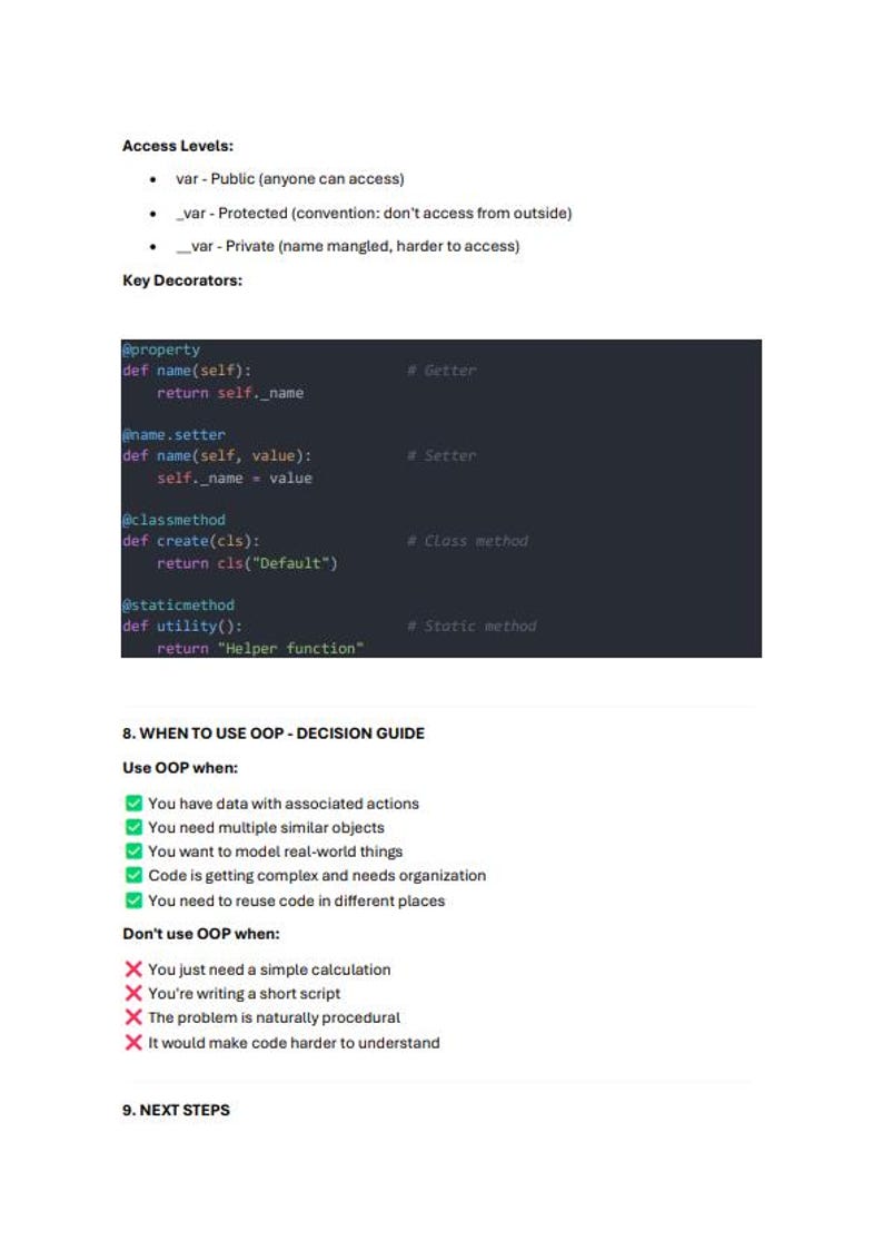 Może przedstawiać: Biały dokument z czarnym tekstem szczeg&oacute;łowo opisujący poziomy dostępu, kluczowe dekoratory i przewodnik po decyzjach dotyczących używania OOP. Fragmenty kodu są wyświetlane z komentarzami. Dokument zawiera punktor i znaki wyboru.
