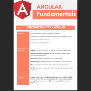 Peut inclure: Un graphique blanc et rouge avec le texte "ANGULAR Fundamentals" en haut. En dessous, le texte "INTRODUCTION TO ANGULAR" est affich&eacute;. Le document liste les points cl&eacute;s, les d&eacute;finitions et les exemples li&eacute;s &agrave; Angular.