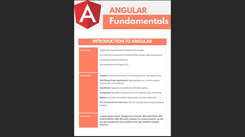 Peut inclure: Un graphique blanc et rouge avec le texte "ANGULAR Fundamentals" en haut. En dessous, le texte "INTRODUCTION TO ANGULAR" est affich&eacute;. Le document liste les points cl&eacute;s, les d&eacute;finitions et les exemples li&eacute;s &agrave; Angular.
