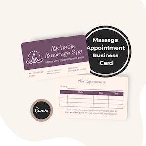 May include: Two rectangular business cards for Michaels Massage Spa in purple and cream. One card shows the spa name, logo, phone number, and address. The other card features a grid for scheduling appointments with fields for name, date, day, and time.