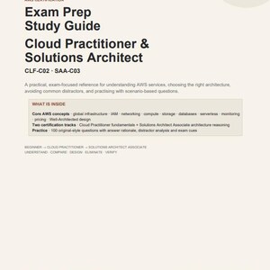 K&ouml;nnte beinhalten: Ein AWS-Zertifizierungs-Lernleitfaden f&uuml;r Cloud Practitioner und Solutions Architect, CLF-C02 und SAA-C03. Das Dokument beschreibt AWS-Grundkonzepte, zwei Zertifizierungspfade und 100 &Uuml;bungsfragen mit einer rostfarbenen Kreisgrafik.