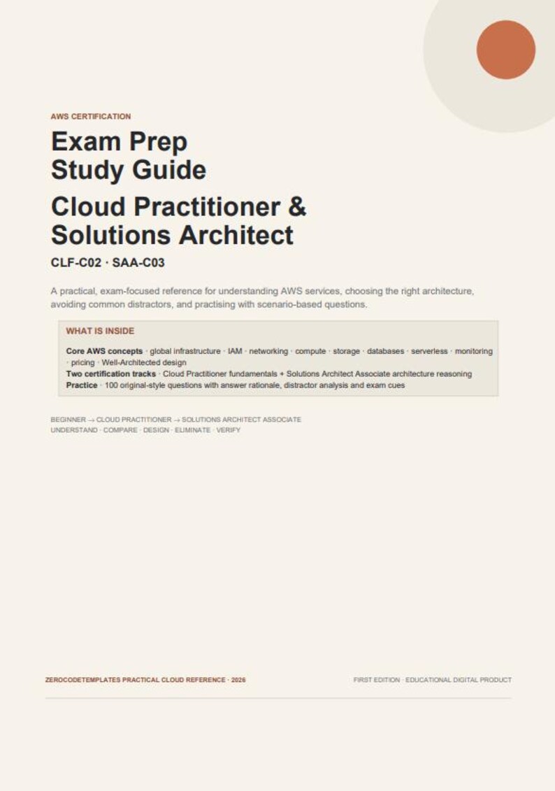 K&ouml;nnte beinhalten: Ein AWS-Zertifizierungs-Lernleitfaden f&uuml;r Cloud Practitioner und Solutions Architect, CLF-C02 und SAA-C03. Das Dokument beschreibt AWS-Grundkonzepte, zwei Zertifizierungspfade und 100 &Uuml;bungsfragen mit einer rostfarbenen Kreisgrafik.