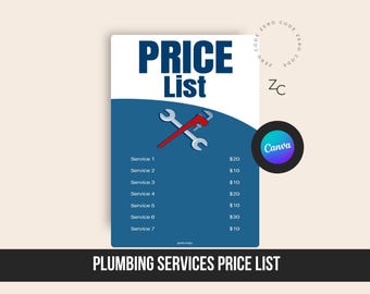 Vorlage für eine Preisliste für Sanitärdienstleistungen, bearbeitbare Preisliste (Canva-Download)