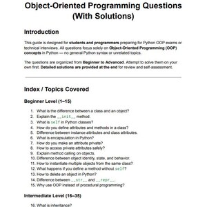 Pu&ograve; includere: Un documento bianco intitolato "50 domande pi&ugrave; comuni sulla programmazione orientata agli oggetti in Python (con soluzioni)". Include un'introduzione, un indice e un elenco di domande.