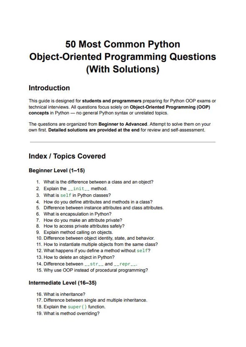 Pu&ograve; includere: Un documento bianco intitolato "50 domande pi&ugrave; comuni sulla programmazione orientata agli oggetti in Python (con soluzioni)". Include un'introduzione, un indice e un elenco di domande.
