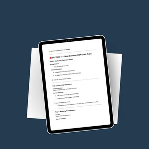 Op de afbeelding: Een digitale tablet met een document getiteld "SECTION 1 - Most Common OOP Exam Traps". Het document heeft zwarte tekst en opsommingstekens op een witte achtergrond. De tablet ligt op een wit vel papier tegen een donkerblauwe achtergrond.