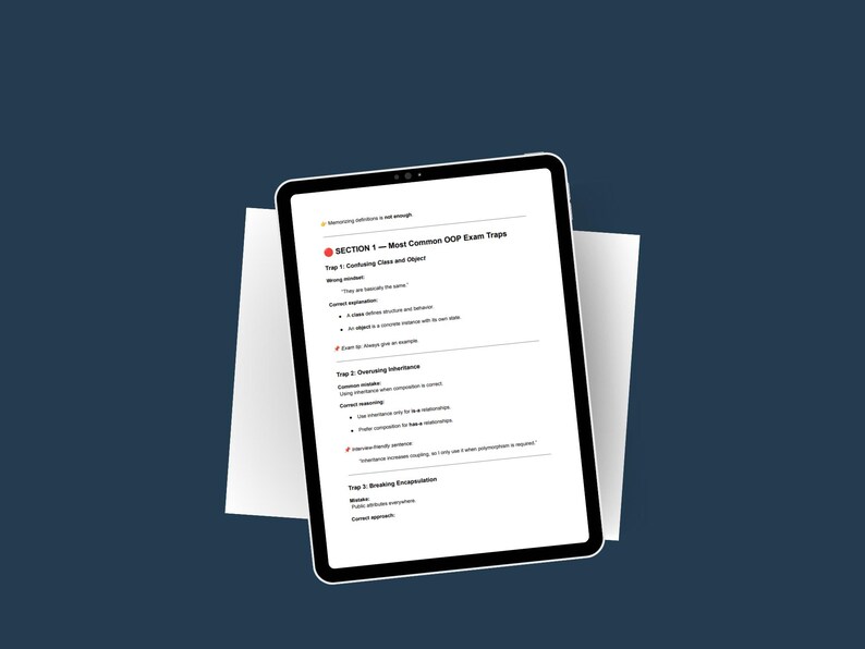 Op de afbeelding: Een digitale tablet met een document getiteld "SECTION 1 - Most Common OOP Exam Traps". Het document heeft zwarte tekst en opsommingstekens op een witte achtergrond. De tablet ligt op een wit vel papier tegen een donkerblauwe achtergrond.