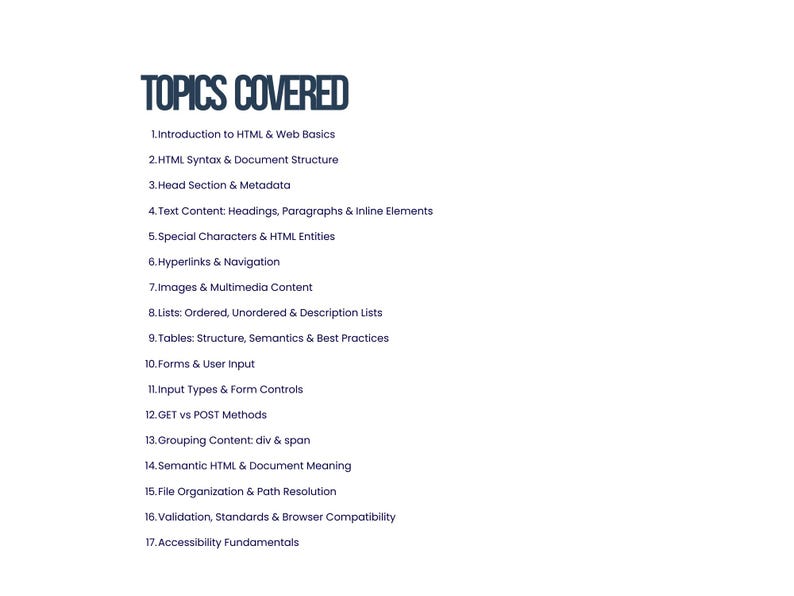 May include: A white background with the dark blue text "TOPICS COVERED" at the top. Below, a numbered list details HTML and web basics, syntax, structure, and more, including images, multimedia, and accessibility fundamentals.