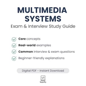 Puede incluir: Gráfico de descarga digital blanco con el título "MULTIMEDIA SYSTEMS" en azul oscuro. La imagen enumera las características de la guía de estudio: conceptos básicos, ejemplos del mundo real, preguntas comunes de entrevistas y exámenes, y explicaciones para principiantes.