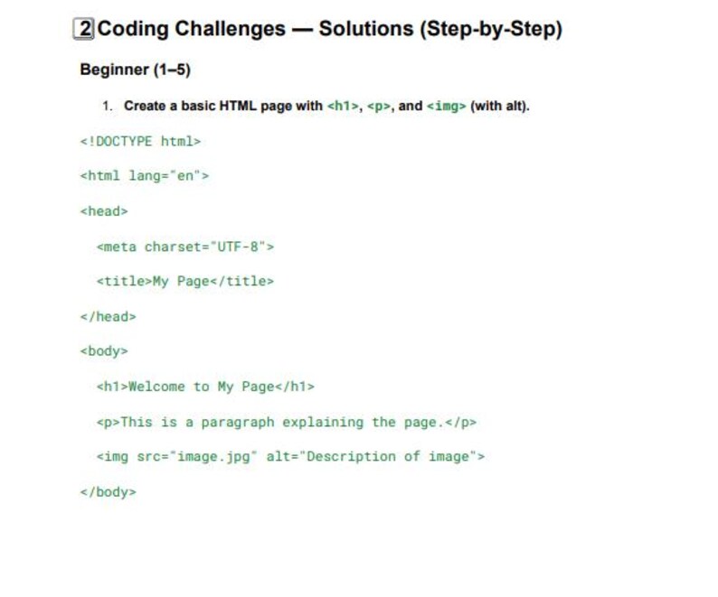 May include: A white document with black text detailing HTML coding challenges for beginners. The text includes HTML code snippets with tags like <h1>, <p>, and <img>, and the text "Welcome to My Page".
