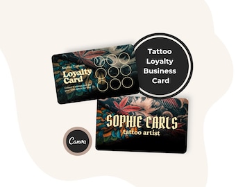 Gothic Modern Tattoo Visitenkarte, bearbeitbare dunkle Künstlervorlage, Canva Download Tattoo Studio Piercer Blackwork Ink Kontakt, Treuekarte
