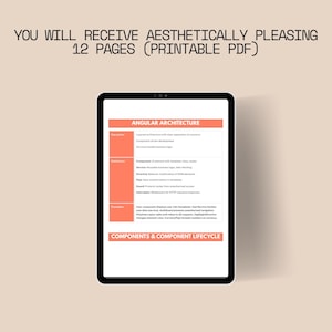 Peut inclure: Une tablette noire affiche un document intitul&eacute; "ANGULAR ARCHITECTURE" avec une barre lat&eacute;rale p&ecirc;che. Le texte "YOU WILL RECEIVE AESTHETICALLY PLEASING 12 PAGES (PRINTABLE PDF)" est en haut. Le document traite des composants et du cycle de vie des composants.