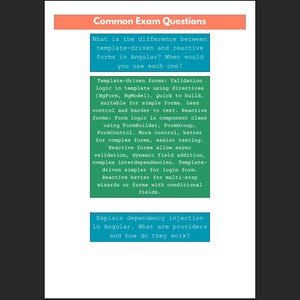 Peut inclure: Un document intitul&eacute; &laquo;&nbsp;Questions d'examen courantes&nbsp;&raquo; avec un en-t&ecirc;te p&ecirc;che. Le document contient du texte dans des bo&icirc;tes bleues et vertes, traitant des formulaires Angular et de l'injection de d&eacute;pendances. Le texte explique les diff&eacute;rences entre les formulaires pilot&eacute;s par mod&egrave;les et r&eacute;actifs.
