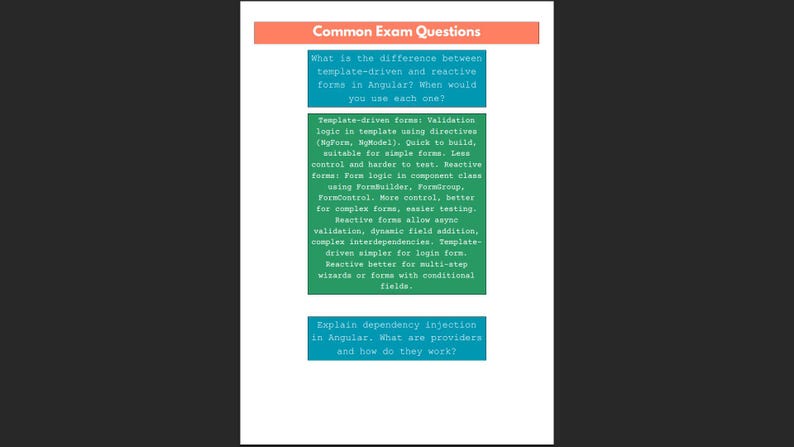 Peut inclure: Un document intitul&eacute; &laquo;&nbsp;Questions d'examen courantes&nbsp;&raquo; avec un en-t&ecirc;te p&ecirc;che. Le document contient du texte dans des bo&icirc;tes bleues et vertes, traitant des formulaires Angular et de l'injection de d&eacute;pendances. Le texte explique les diff&eacute;rences entre les formulaires pilot&eacute;s par mod&egrave;les et r&eacute;actifs.