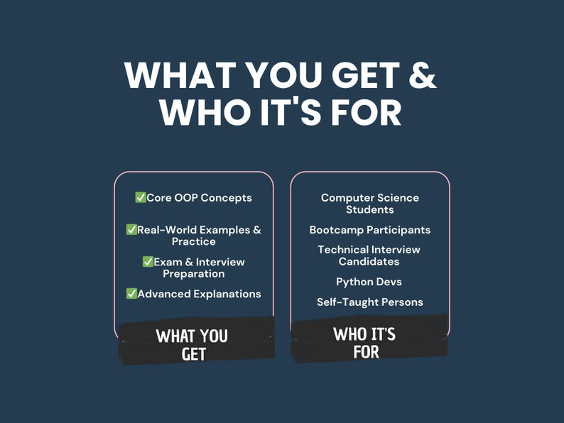 Może przedstawiać: Ciemnoniebieska grafika z białym tekstem: &bdquo;CO DOSTAJESZ I DLA KOGO&rdquo;. Wymienia &bdquo;Podstawowe koncepcje OOP&rdquo;, &bdquo;Przykłady z życia wzięte&rdquo;, &bdquo;Przygotowanie do egzamin&oacute;w i rozm&oacute;w kwalifikacyjnych&rdquo; oraz &bdquo;Zaawansowane wyjaśnienia&rdquo;. Zawiera r&oacute;wnież &bdquo;Student&oacute;w informatyki&rdquo; i &bdquo;Programist&oacute;w Pythona&rdquo;.