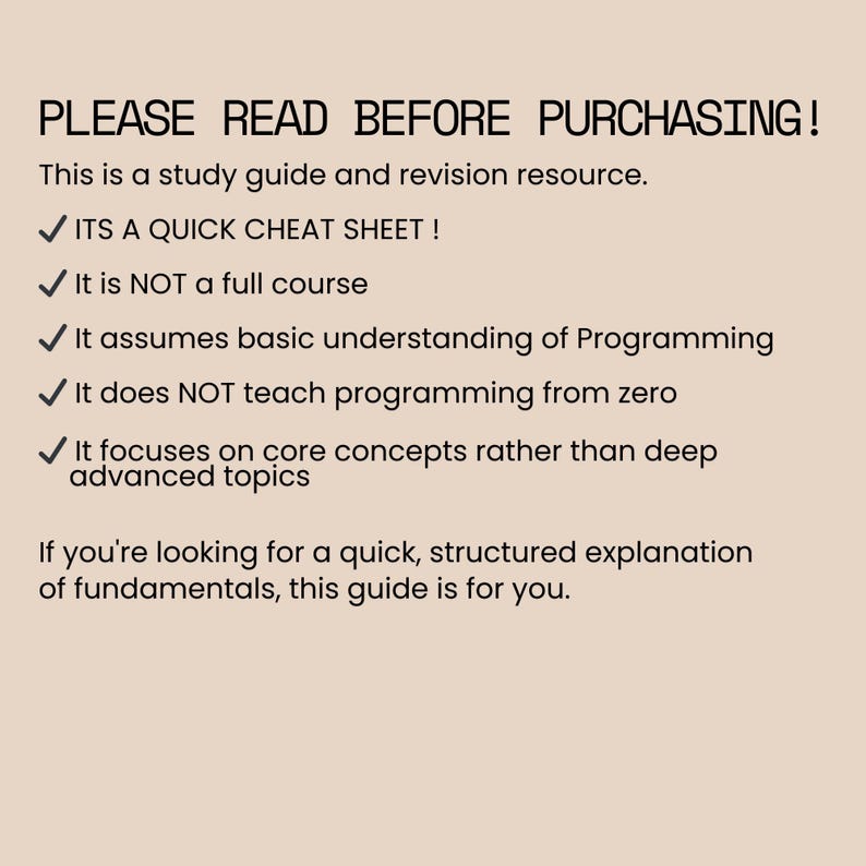 Peut inclure: Fond beige avec du texte noir. Le texte dit "PLEASE READ BEFORE PURCHASING!" et d&eacute;crit un guide d'&eacute;tude et de r&eacute;vision. C'est une fiche de triche rapide, pas un cours complet, pour la programmation.