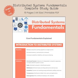 Puede incluir: Una guía de estudio titulada "Distributed Systems Fundamentals" con el texto "Complete Study Guide" y "19 páginas | Tamaño A4 | PDF imprimible". La guía tiene un esquema de color naranja y blanco e incluye diagramas y definiciones.
