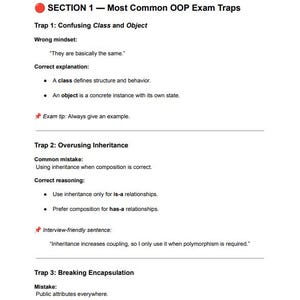 Op de afbeelding: Een wit document met zwarte tekst met details over veelvoorkomende OOP-examenvallen (objectgeori&euml;nteerd programmeren). Sectie 1 behandelt het verwarren van klassen en objecten, overmatig gebruik van overerving en het verbreken van inkapseling.