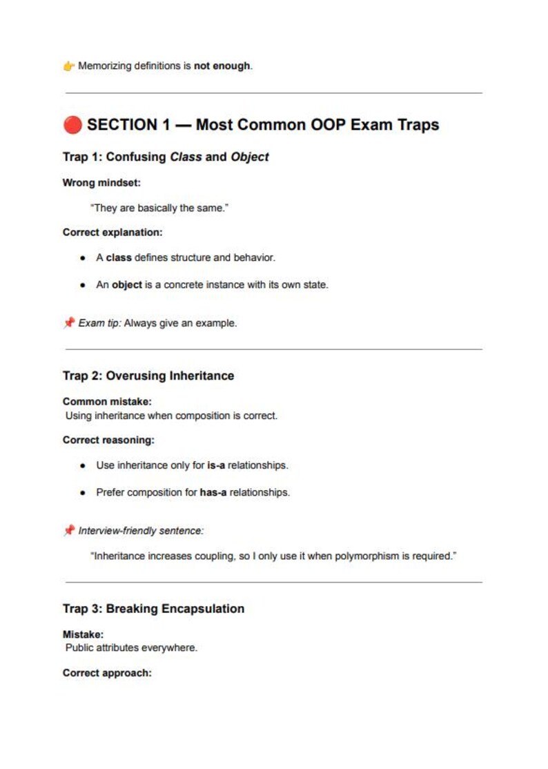 Op de afbeelding: Een wit document met zwarte tekst met details over veelvoorkomende OOP-examenvallen (objectgeori&euml;nteerd programmeren). Sectie 1 behandelt het verwarren van klassen en objecten, overmatig gebruik van overerving en het verbreken van inkapseling.