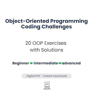 Puede incluir: Un PDF digital titulado "Object-Oriented Programming Coding Challenges". El fondo blanco presenta texto azul oscuro, incluyendo "20 ejercicios OOP con soluciones". Progresa de nivel principiante a avanzado. Incluye un logo de SapioFy.