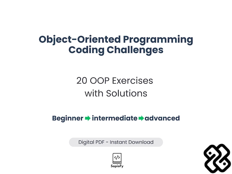 Puede incluir: Un PDF digital titulado "Object-Oriented Programming Coding Challenges". El fondo blanco presenta texto azul oscuro, incluyendo "20 ejercicios OOP con soluciones". Progresa de nivel principiante a avanzado. Incluye un logo de SapioFy.