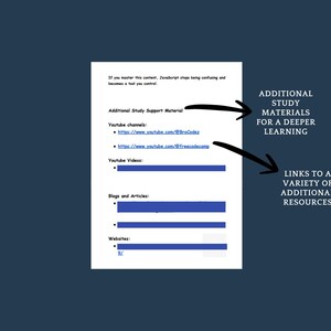 May include: A white document with text and links on a dark blue backdrop. The text includes "Additional Study Support Material" and links to YouTube channels and videos, blogs, articles, and websites. Arrows point to the text "Additional Study Materials for a Deeper Learning" and "Links to a Variety of Additional Resources."