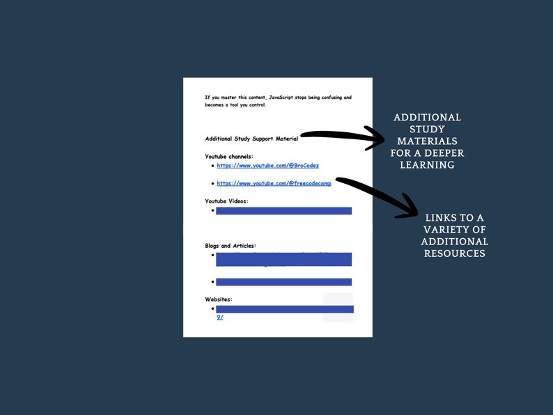 May include: A white document with text and links on a dark blue backdrop. The text includes "Additional Study Support Material" and links to YouTube channels and videos, blogs, articles, and websites. Arrows point to the text "Additional Study Materials for a Deeper Learning" and "Links to a Variety of Additional Resources."
