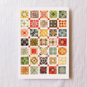 Peut inclure: Une peinture à l'aquarelle d'un motif de bloc de courtepointe avec une variété de formes géométriques et de couleurs, notamment le rouge, le vert, le jaune, le brun et le blanc.