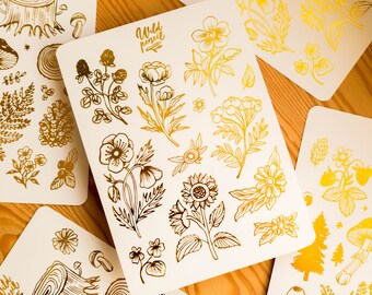 Sticker Sheet Golden flowers | paper sticker sheet, cute stickers, planner stickers, bullet journal stickers, fall sticker sheet, gold foil