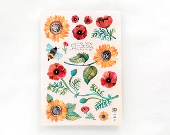 Large Washi Sticker Sheet Sunflower | A5 cute stickers, planner stickers, bullet journal stickers, mail, bullet journal, poppy