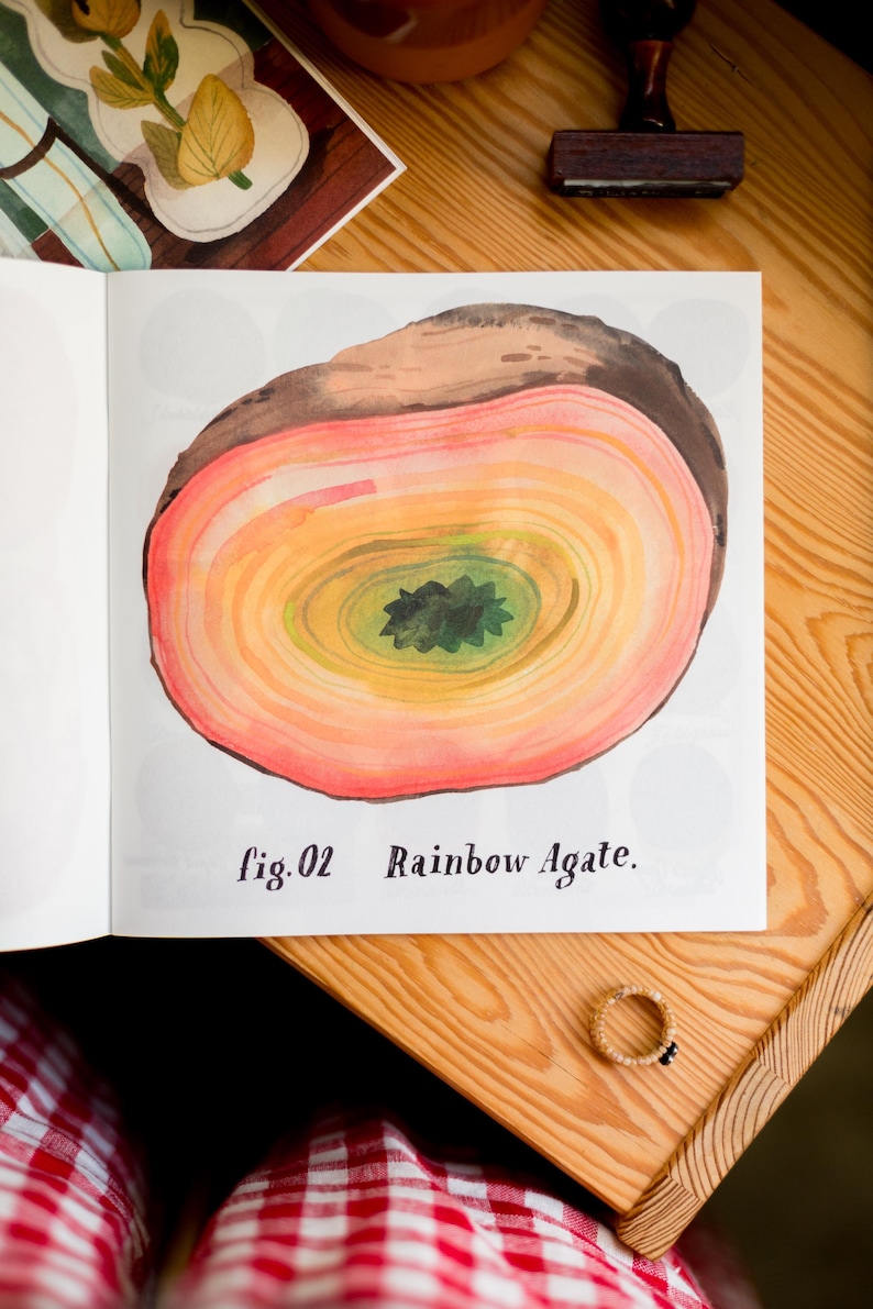 May include: A watercolor illustration of a rainbow agate, a type of gemstone with concentric bands of color. The caption reads "fig. 02 Rainbow Agate."