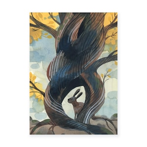 May include: Watercolor illustration of a brown hare peeking out from a twisted tree trunk. The tree has dark brown and blue bark with yellow leaves and a light blue sky background. The artwork has a whimsical, storybook feel.
