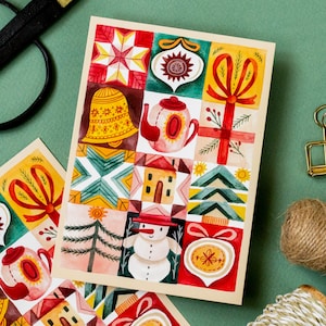 Ansichtkaart feestelijke quilt | A6-postkaart, minikunstafdruk, kerstkaart, kaarten, winterdecor, kersttijd