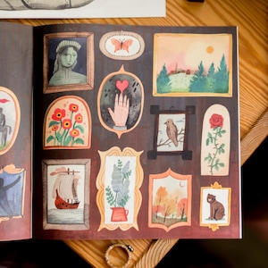 May include: A collection of 12 framed illustrations with various themes, including a knight on horseback, a ship, a butterfly, a hand with a heart, a bird, a rose, a woman in a hat, a cactus, trees, and a cat. The illustrations are on a dark brown background.