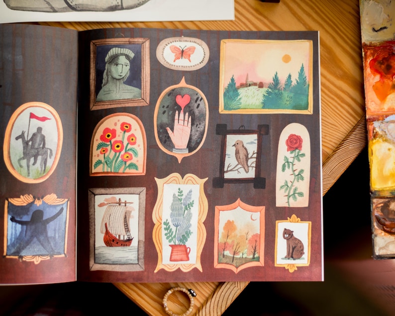 May include: A collection of 12 framed illustrations with various themes, including a knight on horseback, a ship, a butterfly, a hand with a heart, a bird, a rose, a woman in a hat, a cactus, trees, and a cat. The illustrations are on a dark brown background.