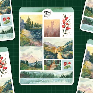 Aufkleber Waldlandschaften | Papier Stickerbogen, süße Sticker für Planner Sticker, Bullet Journal Sticker, Sommer Stickerbogen