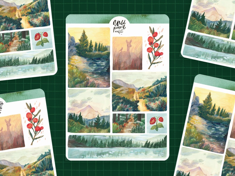 May include: A set of nine watercolor stickers featuring a variety of nature scenes, including a forest path, a river, a mountain range, and a deer. The stickers are all in a muted color palette and have a vintage feel. The text "Wild Pencil" is included in the image.