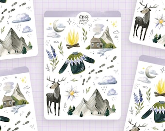 Sticker Sheet In The Mountains | paper sticker sheet, cute stickers, planner stickers, bullet journal stickers, cottagecore, nature, travel